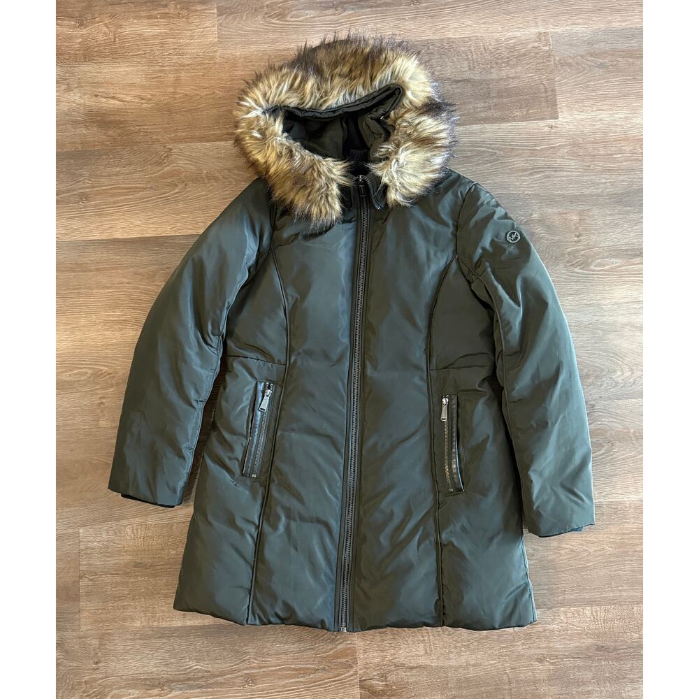 Michael Kors Olive Green Down Puffer Faux Fur Hood Womenâs Medium Winter Coat
